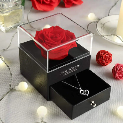 Coffret de Luxe de Rose Eternel avec Collier en Diamant